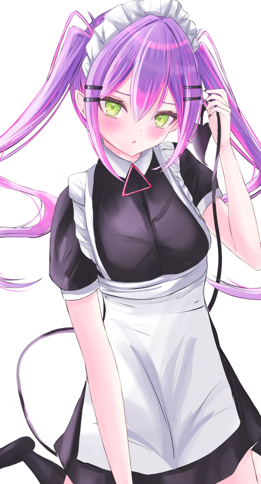 1girl, alternate_costume, apron, black_dress, black_nails, black_thighhighs, blush, demon_girl, demon_tail, dress, green_eyes, hair_ornament, hairpin, highres, holding_own_tail, hololive, long_hair, looking_at_viewer, maid, maid_apron, maid_headdress, multicolored_hair, nail_polish, piercing, pink_hair, purple_hair, solo, streaked_hair, tail, tail_ornament, tail_piercing, thigh-highs, tokoyami_towa, tomato_greening, twintails, virtual_youtuber, white_apron, white_background, white_headdress