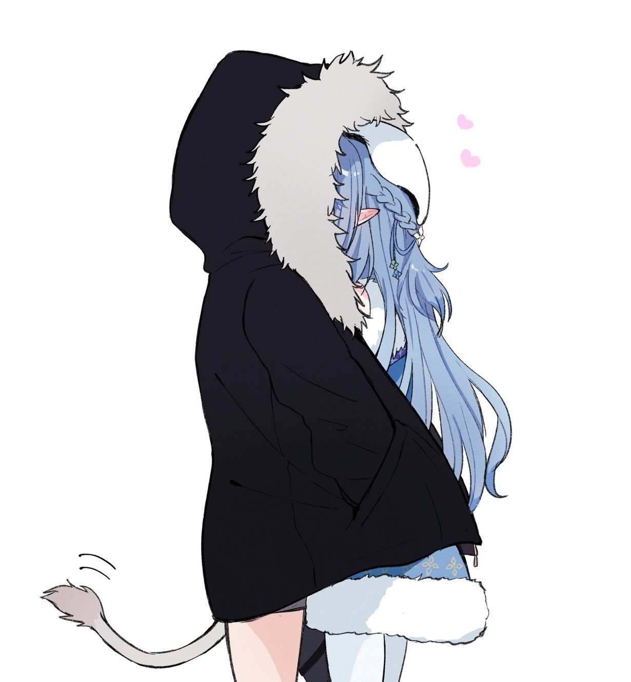 2girls, beret, black_jacket, blue_hair, blue_jacket, commentary, elf, fur-trimmed_jacket