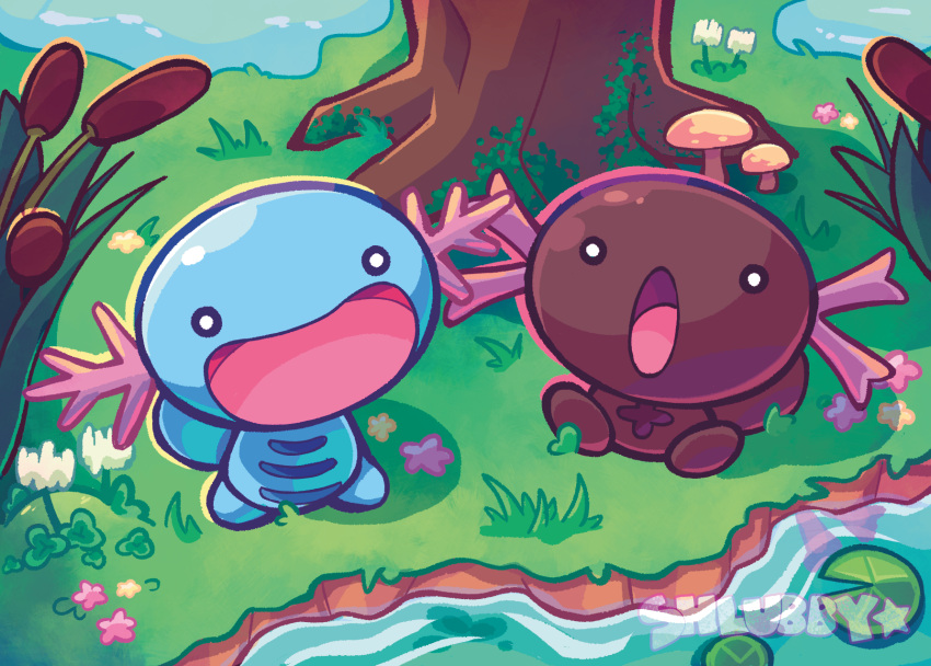 :d, :o, animal_focus, artist_name, black_eyes, bright_pupils, cattail, commentary, english_commentary, flower, full_body, grass, highres, lily_pad, no_humans, outdoors, paldean_wooper, pink_flower, plant, pokemon, pokemon_(creature), regional_and_normal, river, riverbank, shlubbyart, sitting, smile, star_(symbol), tongue, tree, water, white_flower, white_pupils, wooper, yellow_flower