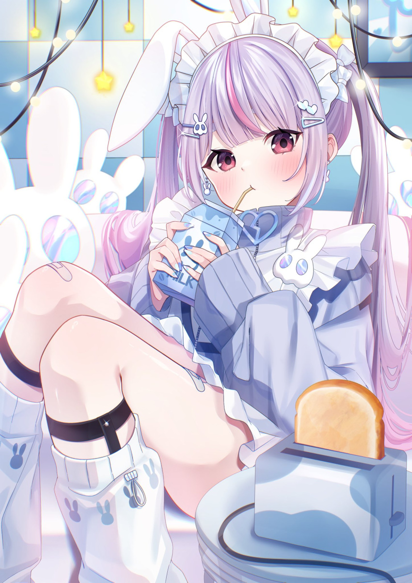 1girl, animal_ears, apron, bandaid, bandaid_on_knee, bandaid_on_leg, bandaid_on_thigh, blunt_bangs