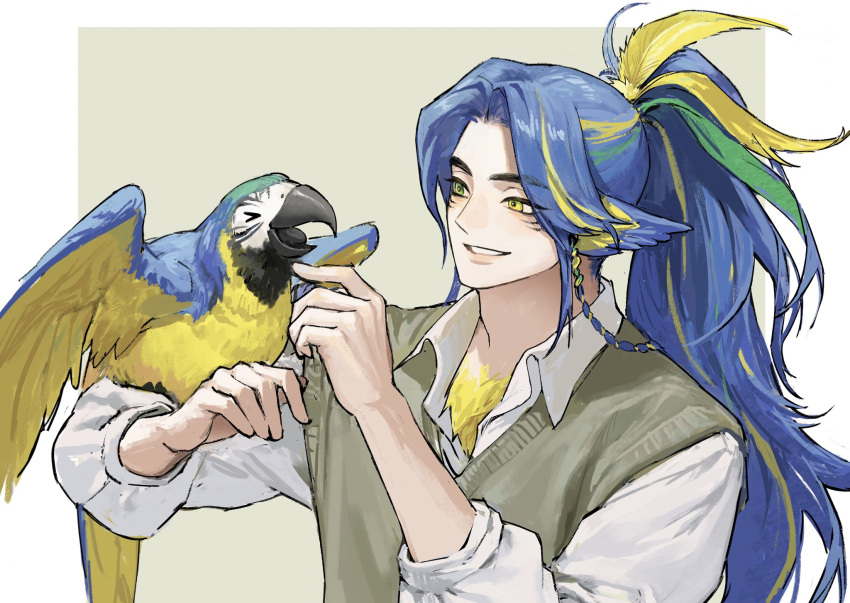 >_<, 1boy, animal_on_arm, arm_up, beak, bird, bird_boy, bird_on_arm, blue-and-yellow_macaw, blue_hair, border, chest_hair, collared_shirt, facial_mark, feather_hair_ornament, feathers, hair_intakes, hair_ornament, head_wings, highres, i_monos, long_sleeves, looking_at_animal, macaw, male_focus, multicolored_hair, open_collar, open_mouth, original, parrot, shirt, smile, solo, streaked_hair, sweater_vest, teeth, tongue, upper_body, white_border, wing_collar, wings, yellow_eyes, yellow_feathers