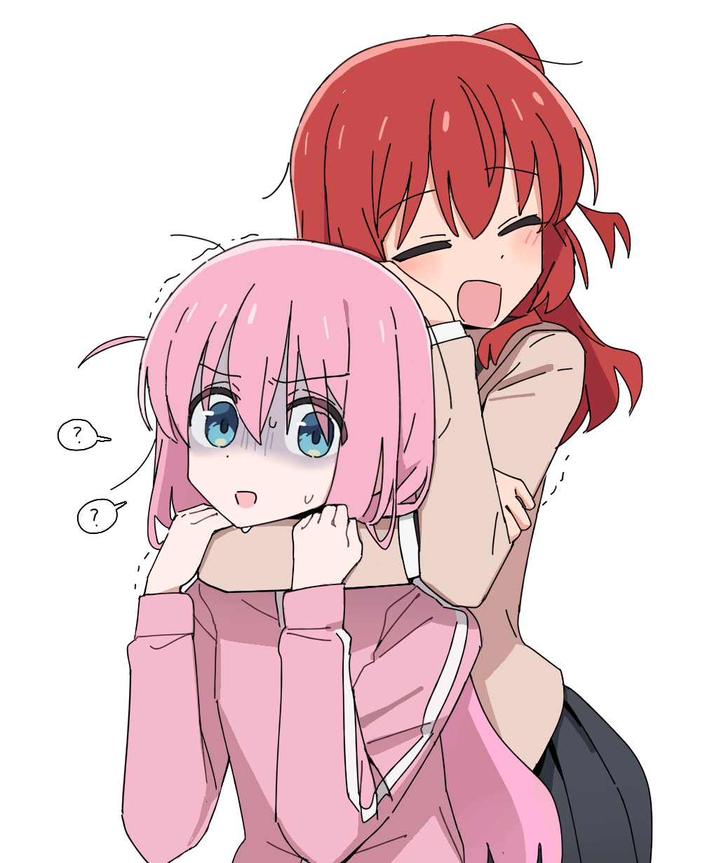 2girls, :d, ?, channel_(_caststation), arm_around_neck, black_skirt, blue_eyes, blush