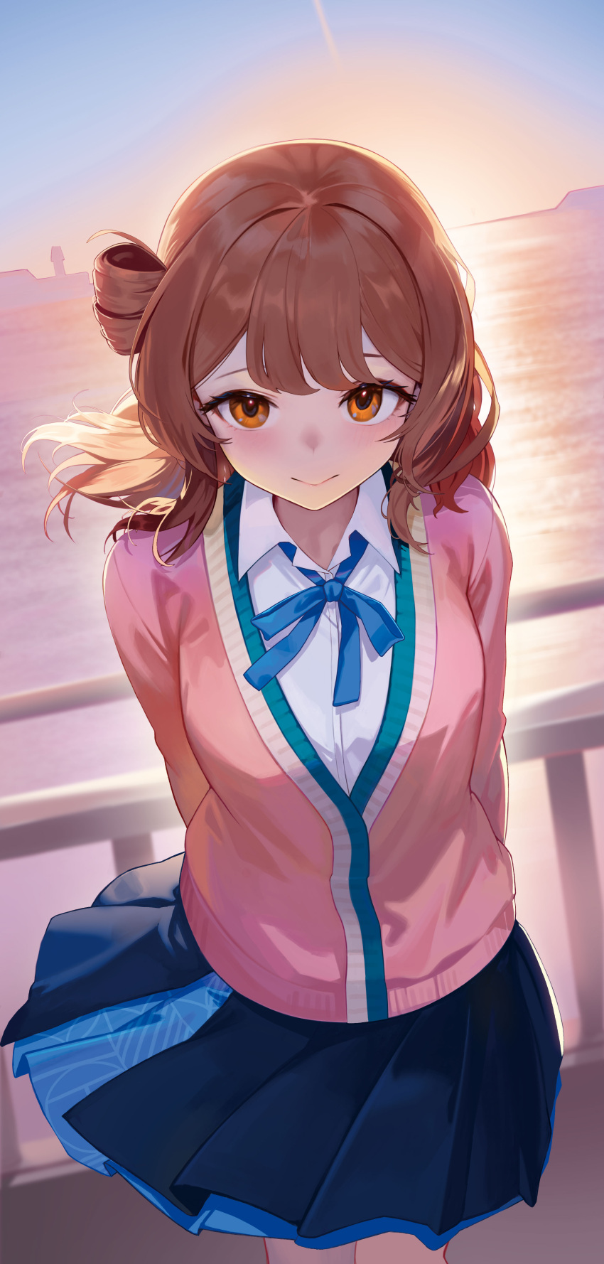 1girl, absurdres, arms_behind_back, black_overskirt, blue_overskirt, blue_ribbon, blush, brown_eyes