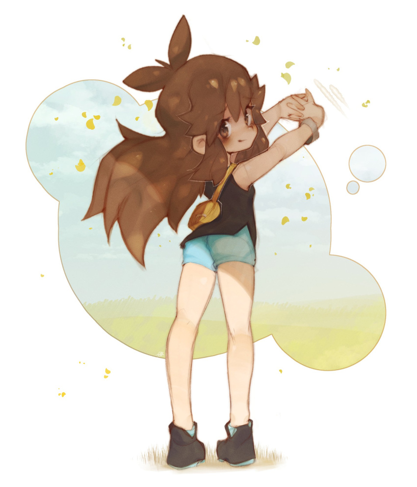 1girl, antenna_hair, ass, bag, bare_arms, bare_legs, black_footwear, black_shirt