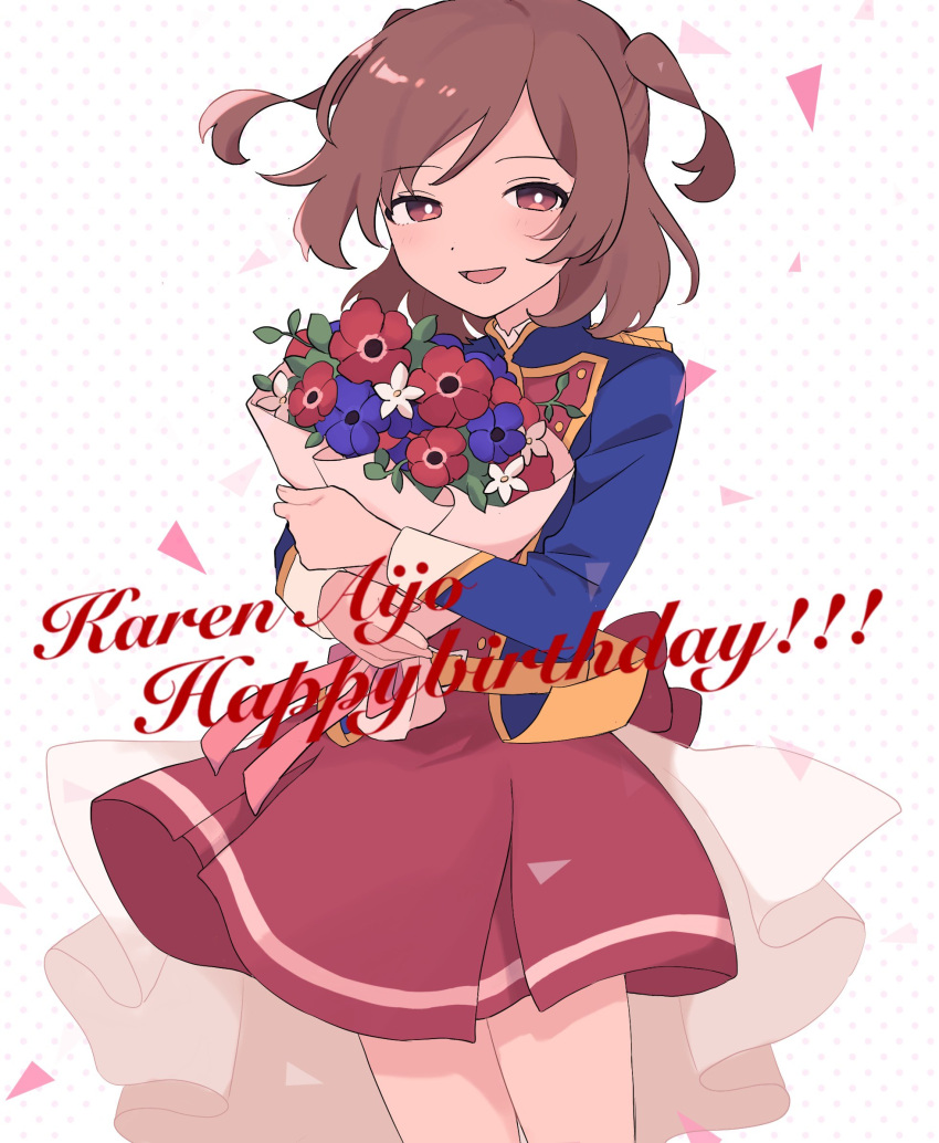 1girl, aijou_karen, blue_flower, blue_jacket, bouquet, bright_pupils, brown_eyes, brown_hair