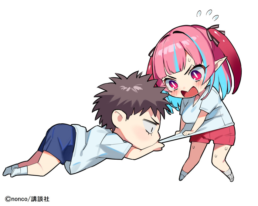 1boy, 1girl, artist_name, blue_hair, blue_shorts, blunt_bangs, blush, bright_pupils