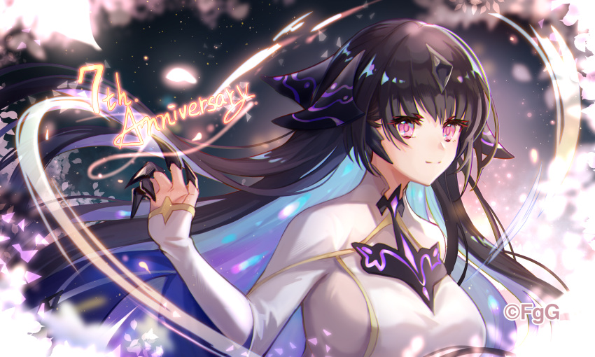 1girl, artist_name, black_hair, blurry, blurry_background, claybelle, closed_mouth, colored_inner_hair, dare_ga_tame_no_alchemist, dress, floating_hair, glowing, hair_between_eyes, hair_ribbon, highres, light_particles, long_hair, long_sleeves, looking_at_viewer, multicolored_hair, night, official_art, ribbon, second-party_source, sidelocks, smile, solo, upper_body, white_dress