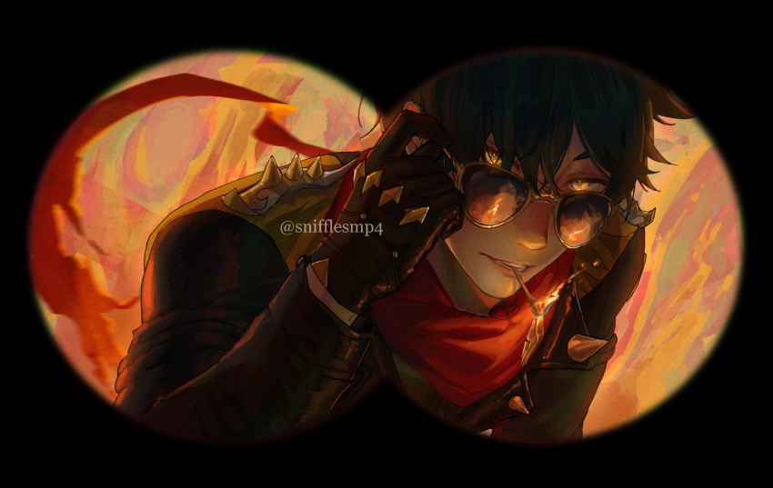 1boy, absurdres, adjusting_eyewear, black_gloves, black_jacket, commentary, english_commentary, fire, gloves, hair_between_eyes, highres, jacket, lapels, layered_sleeves, lighter_(zenless_zone_zero), long_sleeves, looking_at_viewer, male_focus, parted_lips, pov_binoculars, red_scarf, scarf, shoulder_spikes, snifflesmp4, solo, spiked_jacket, spikes, studded_gloves, sunglasses, teeth, twitter_username, yellow_eyes, zenless_zone_zero