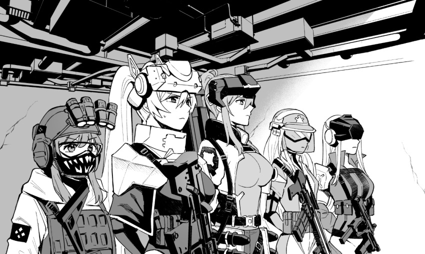 5girls, ame_arare, assault_rifle, bulletproof_vest, goddess_of_victory:_nikke, goggles, goggles_on_head, gun