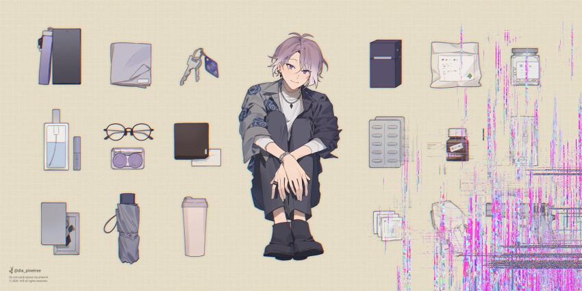 18trip, 1boy, antenna_hair, artist_name, bag, black_footwear, black_shirt, blister_pack