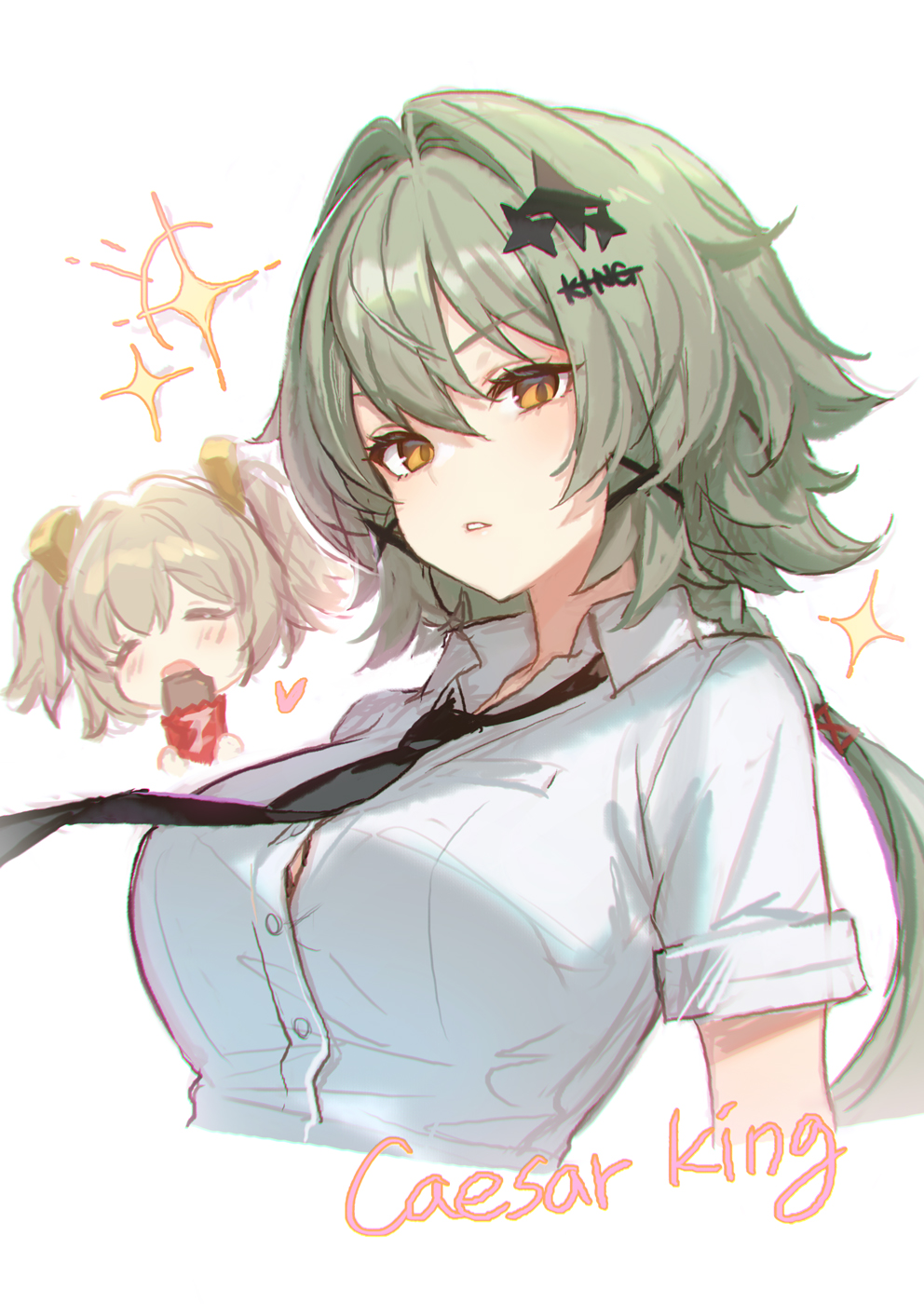 2girls, adelie_cat, black_necktie, blonde_hair, breasts, burnice_white, caesar_king_(zenless_zone_zero), character_name