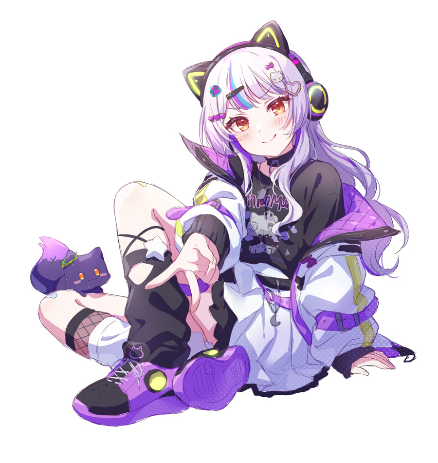 1girl, animal_ear_headphones, animal_ears, black_shirt, cat_ear_headphones, fake_animal_ears, grey_hair, hair_ornament