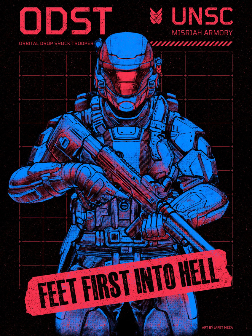 1boy, assault_visor, black_background, character_name, english_text, gun, halo_(series), halo_3:_odst