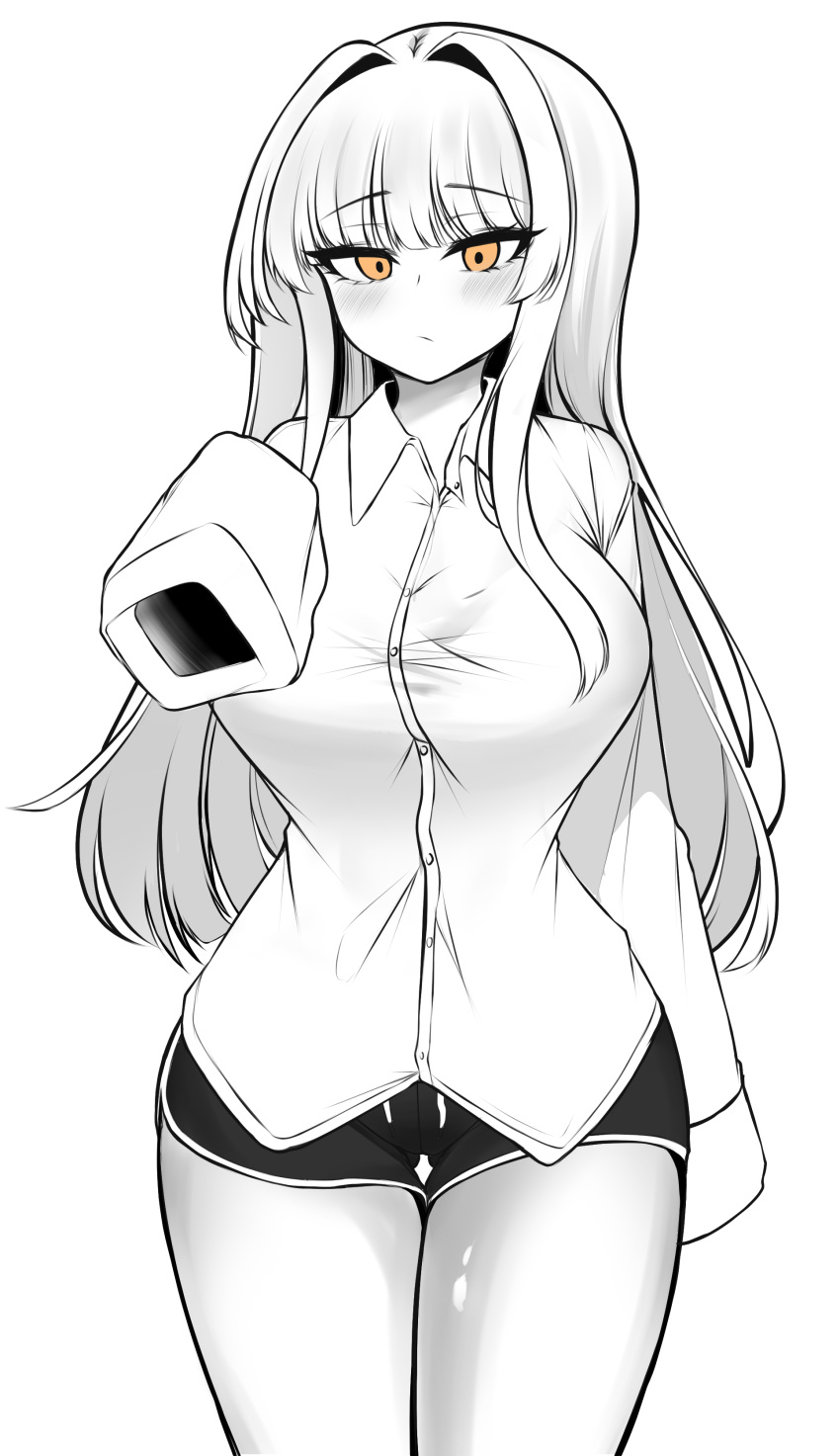 1girl, absurdres, black_pants, black_survival, breasts, dolphin_shorts, dr._nadja, eternal_return:_black_survival, geah, greyscale, highres, large_breasts, long_hair, long_sleeves, looking_at_viewer, monochrome, pants, shirt, short_shorts, shorts, simple_background, thighs, white_background, white_shirt, yellow_eyes