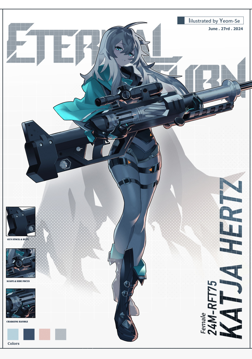 1girl, absurdres, black_survival, bodysuit, enjjyang-it, eternal_return:_black_survival, green_eyes, grey_bodysuit