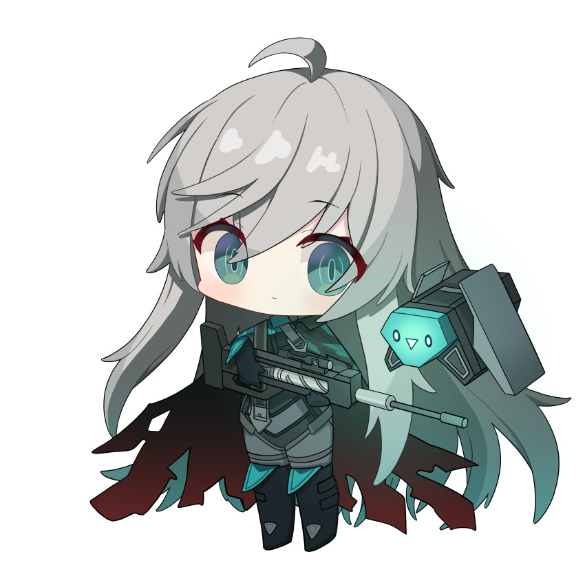 1girl, absurdres, black_survival, bodysuit, chibi, eternal_return:_black_survival, green_eyes, grey_bodysuit