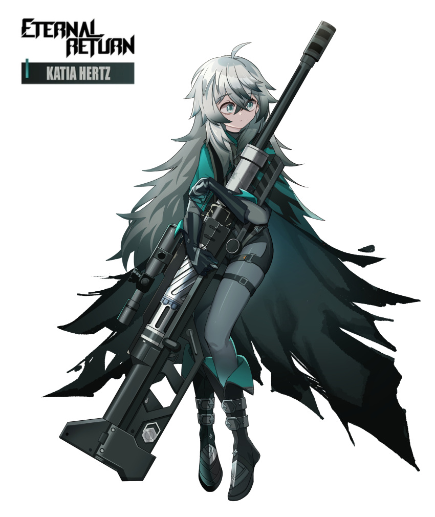 1girl, absurdres, black_survival, bodysuit, eternal_return:_black_survival, green_eyes, grey_bodysuit, grey_hair, gun, hair_between_eyes, highres, holding, holding_gun, holding_weapon, katja_(black_survival), long_hair, looking_at_viewer, mnnnya, rifle, scope, sniper_rifle, solo, thighs, weapon