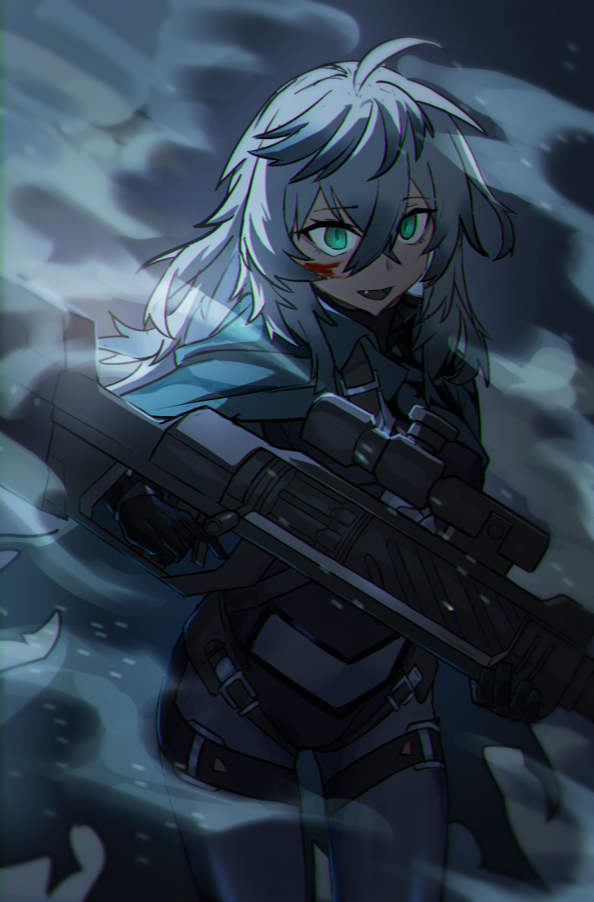 1girl, black_survival, bodysuit, eternal_return:_black_survival, green_eyes, grey_bodysuit, grey_hair, gun