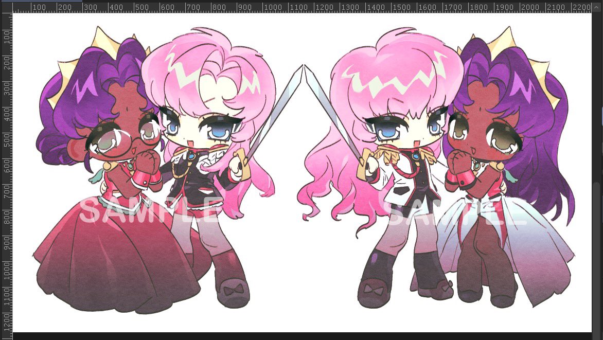 2girls, art_program_in_frame, black_jacket, blue_eyes, chibi, chibi_only, commentary, dark-skinned_female