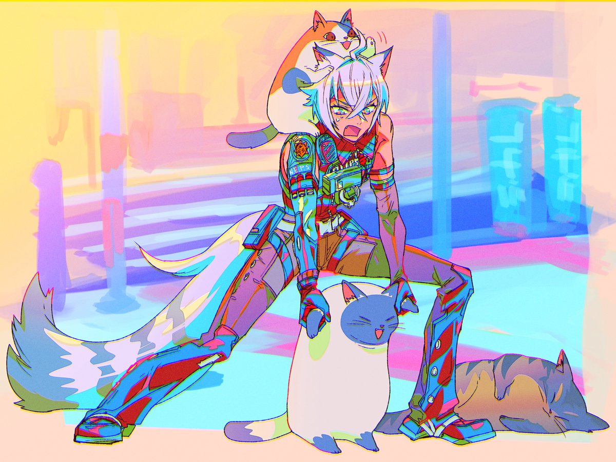 1boy, animal_ear_fluff, animal_ears, animal_on_head, black_gloves, cat, cat_ears, cat_on_head