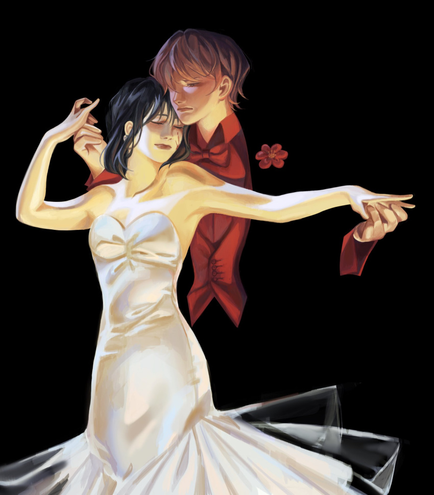 2girls, alien_stage, black_background, black_hair, black_jacket, boutonniere, closed_eyes, collared_shirt