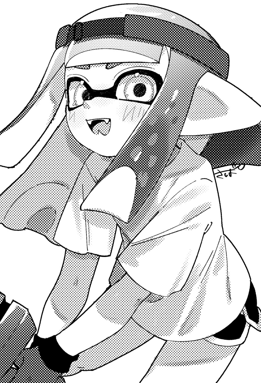 1girl, backwards_hat, commentary_request, cowboy_shot, dolphin_shorts, dualie_squelchers_(splatoon), fangs, greyscale