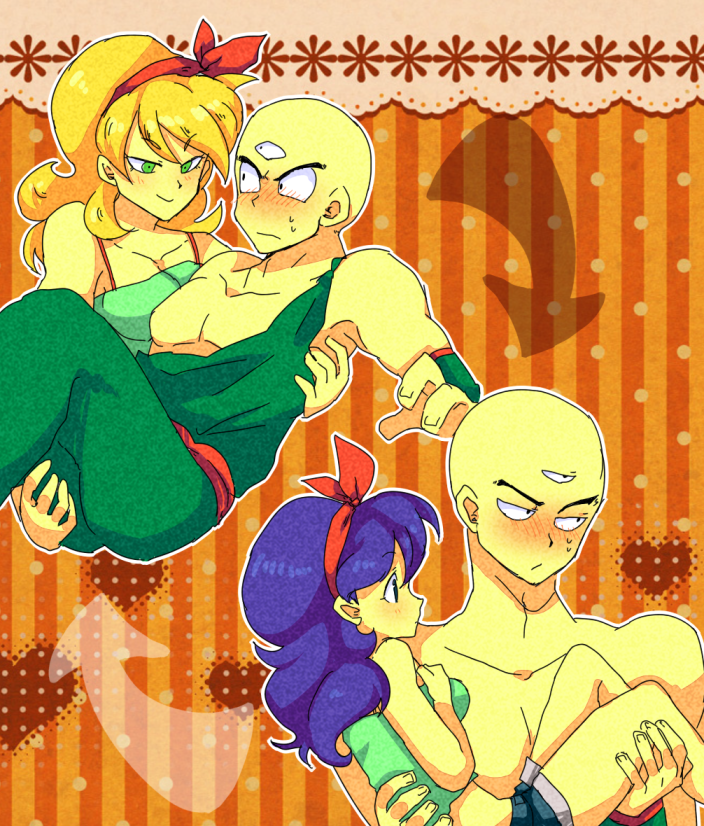 bald, blonde_hair, blue_hair, blush, bow, camisole, carrying, chest