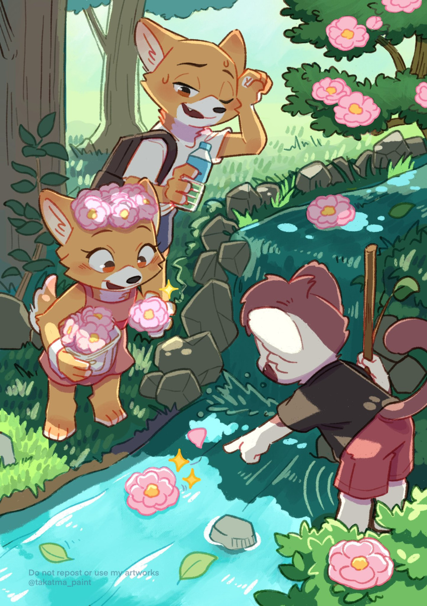 1girl, 2boys, :d, animal_ears, animal_nose, backpack, bag, black_bag, bottle, brown_fur, child, clenched_hand, copyright_notice, day, fang, father_and_daughter, father_and_son, flower, forest, furry, furry_female, furry_male, gamorangetana, hand_up, highres, holding, holding_bottle, holding_stick, index_finger_raised, leaf, leaning_forward, legs_apart, multiple_boys, nature, one_eye_closed, open_mouth, orange_eyes, original, outdoors, pink_flower, pointing, red_shorts, river, shorts, smile, standing, stick, tail, tree, twitter_username, two-tone_fur, white_fur, wiping_sweat, yellow_fur