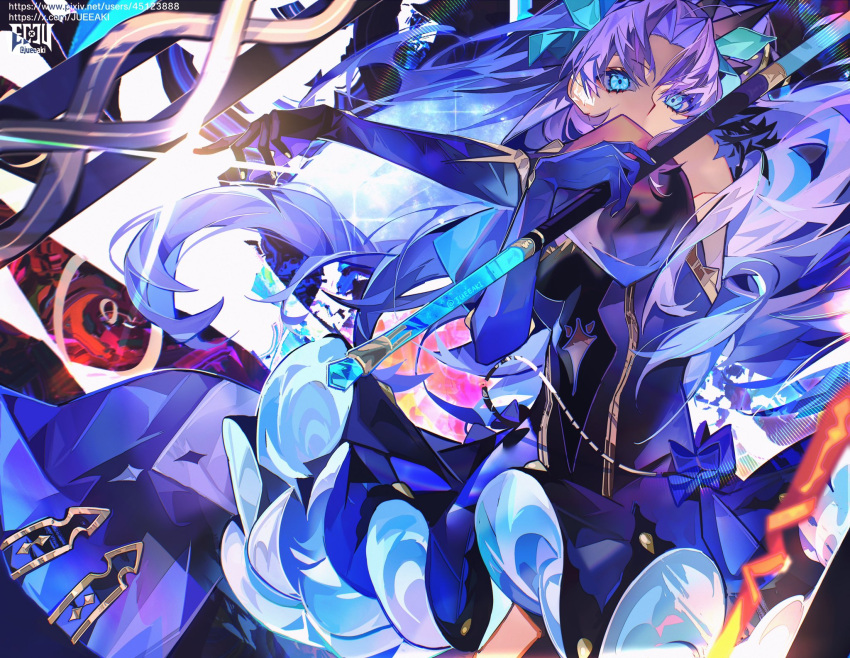 1girl, aqua_ribbon, bare_shoulders, black_dress, black_gloves, blue_eyes, curtained_hair, dress