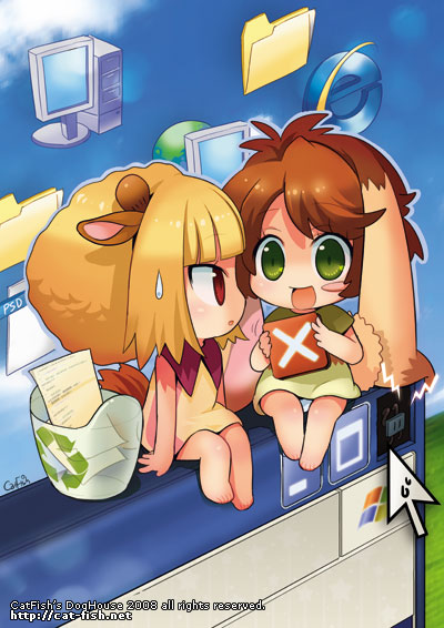 2008, 2girls, animal_ears, barefoot, blonde_hair, blunt_bangs, blush_stickers, character_request, chibi, chibi_only, copyright_notice, cursor, green_eyes, green_shirt, holding, looking_at_another, mao_yu, microsoft_windows, mini_person, minigirl, multiple_girls, open_mouth, original, red_eyes, shirt, short_sleeves, sidelocks, signature, single_blush_sticker, sitting, smile, sweatdrop, tail, trash_can, ukagaka, web_address, wide-eyed, window_(computing), windows_xp, yellow_shirt