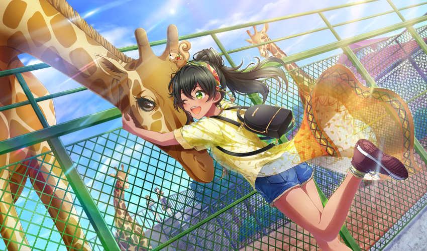 3girls, ;d, akino_komugi, backpack, bag, black_hair, blue_shorts, brown_footwear
