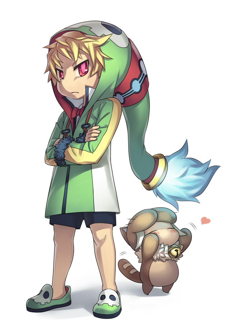 artist_request, bad_id, blonde_hair, boy, cat, child, crossed_arms, disgaea, emizel, heart, hood, hoodie, makai_senki_disgaea_4, male, masaki_(inner_garden), red_eyes, saber_kitty, shorts, shota, solo, standing