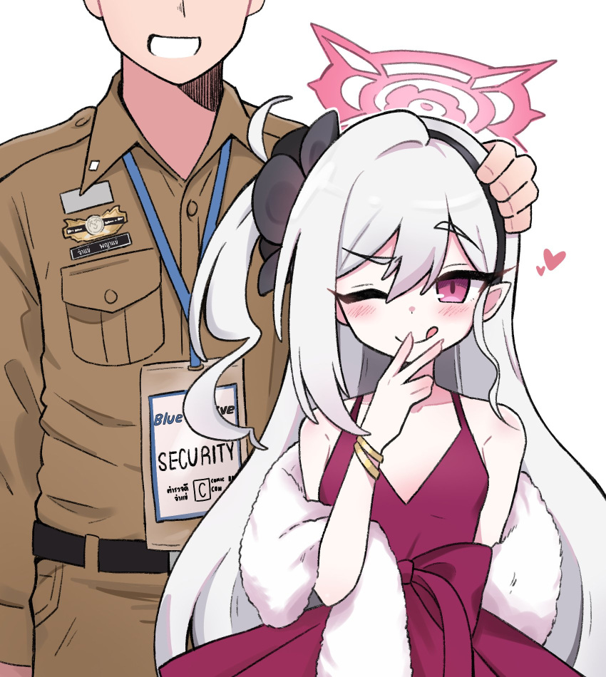 1boy, 1girl, :q, bare_shoulders, blue_archive, blush, bracelet, commentary