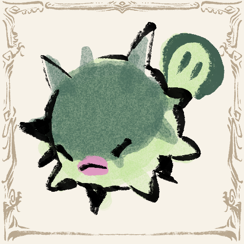 animal_focus, border, closed_eyes, closed_mouth, commentary, english_commentary, faux_traditional_media, fish, frown, full_body, hisuian_qwilfish, lowres, no_humans, ornate_border, otiksimr, pokemon, pokemon_(creature), puffer_fish, simple_background, solo, three_quarter_view, white_background