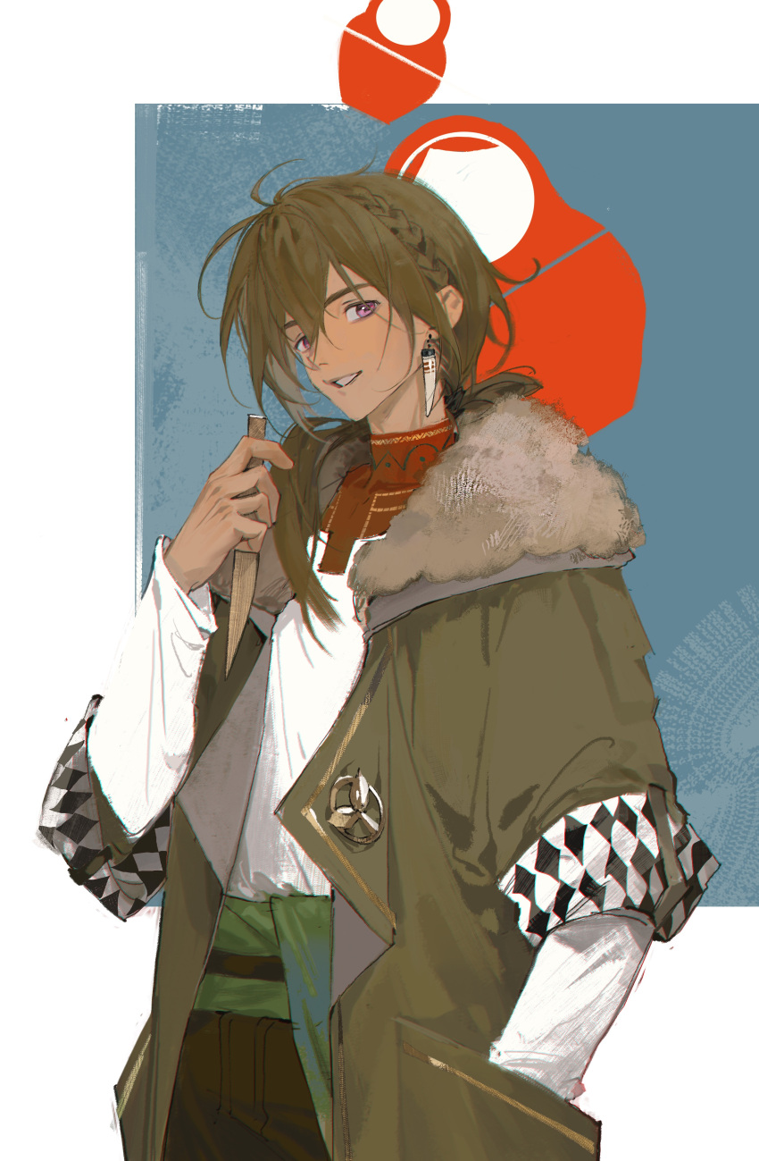 1boy, absurdres, blue_background, brown_hair, coat, earrings, fur-trimmed_coat, fur_trim
