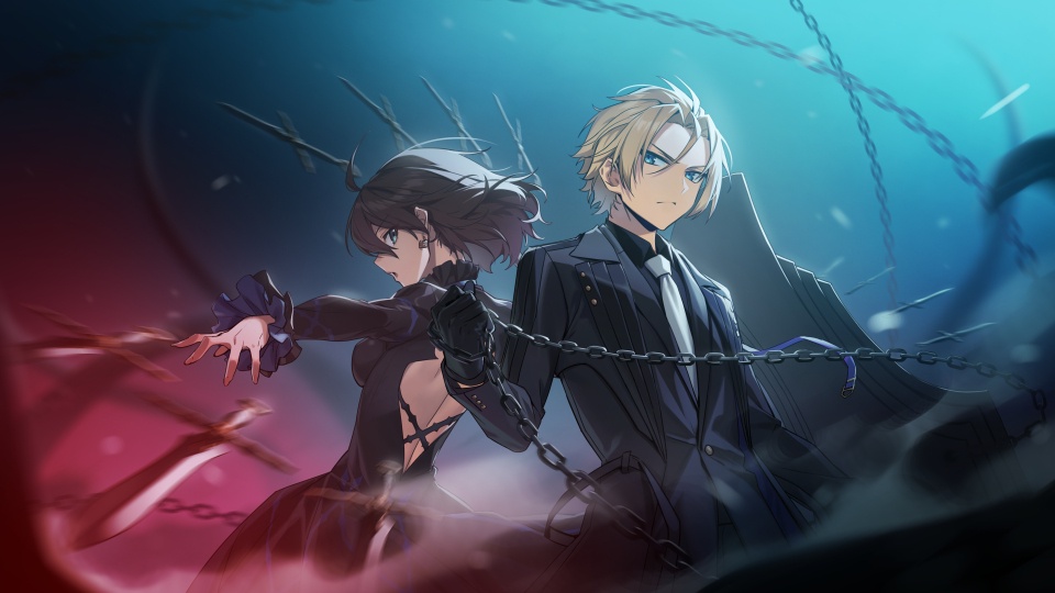 1boy, 1girl, ahoge, back-to-back, back_cutout, black_dress, black_gloves, black_suit
