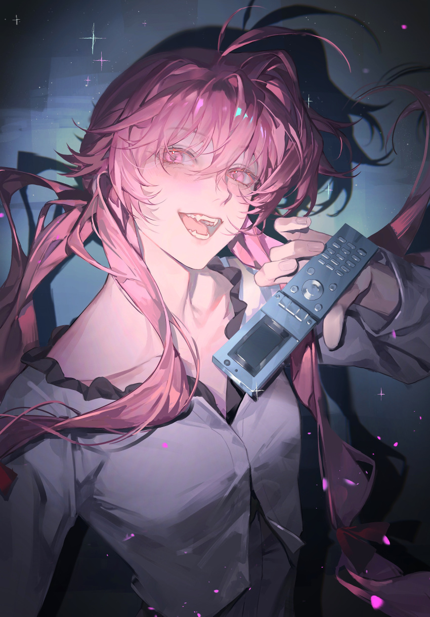 1girl, absurdres, ahoge, blush, cellphone, collarbone, eyelashes, fang