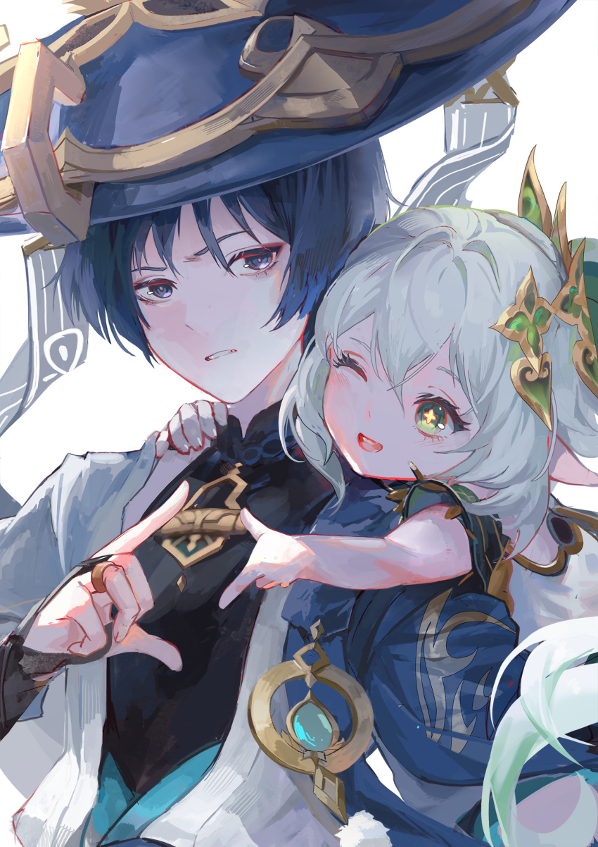 1boy, 1girl, behind_another, black_eyes, black_hair, blue_cape, blue_hat, blunt_ends, bridal_gauntlets, bright_pupils, cape, crossed_bangs, detached_sleeves, dress, finger_frame, finger_frame_duo, furrowed_brow, genshin_impact, gold, gold_ring, gold_trim, green_sleeves, hair_between_eyes, hair_intakes, hair_ornament, hand_on_another's_shoulder, hat, head_on_another's_shoulder, heads_together, highres, iiumiarts, japanese_clothes, jingasa, kimono, layered_clothes, layered_kimono, looking_at_another, middle_ring, nahida_(genshin_impact), one_eye_closed, open_clothes, open_kimono, open_mouth, parted_lips, pointy_ears, pom_pom_(clothes), scaramouche_(genshin_impact), short_hair, short_sleeves, side_ponytail, sidelocks, teeth, tilted_headwear, upper_teeth_only, vision_(genshin_impact), wanderer_(genshin_impact), white_background, white_dress, white_hair, white_kimono, white_pupils, white_sleeves, white_trim