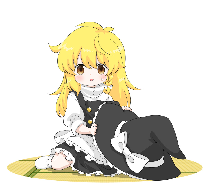 1girl, aged_down, apron, black_dress, black_hat, black_vest, blonde_hair, blush