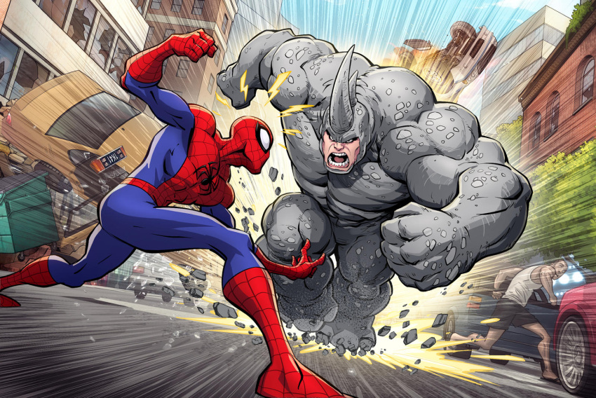 3boys, angry, animal_print, blue_bodysuit, bodysuit, city, clenched_hand, english_commentary