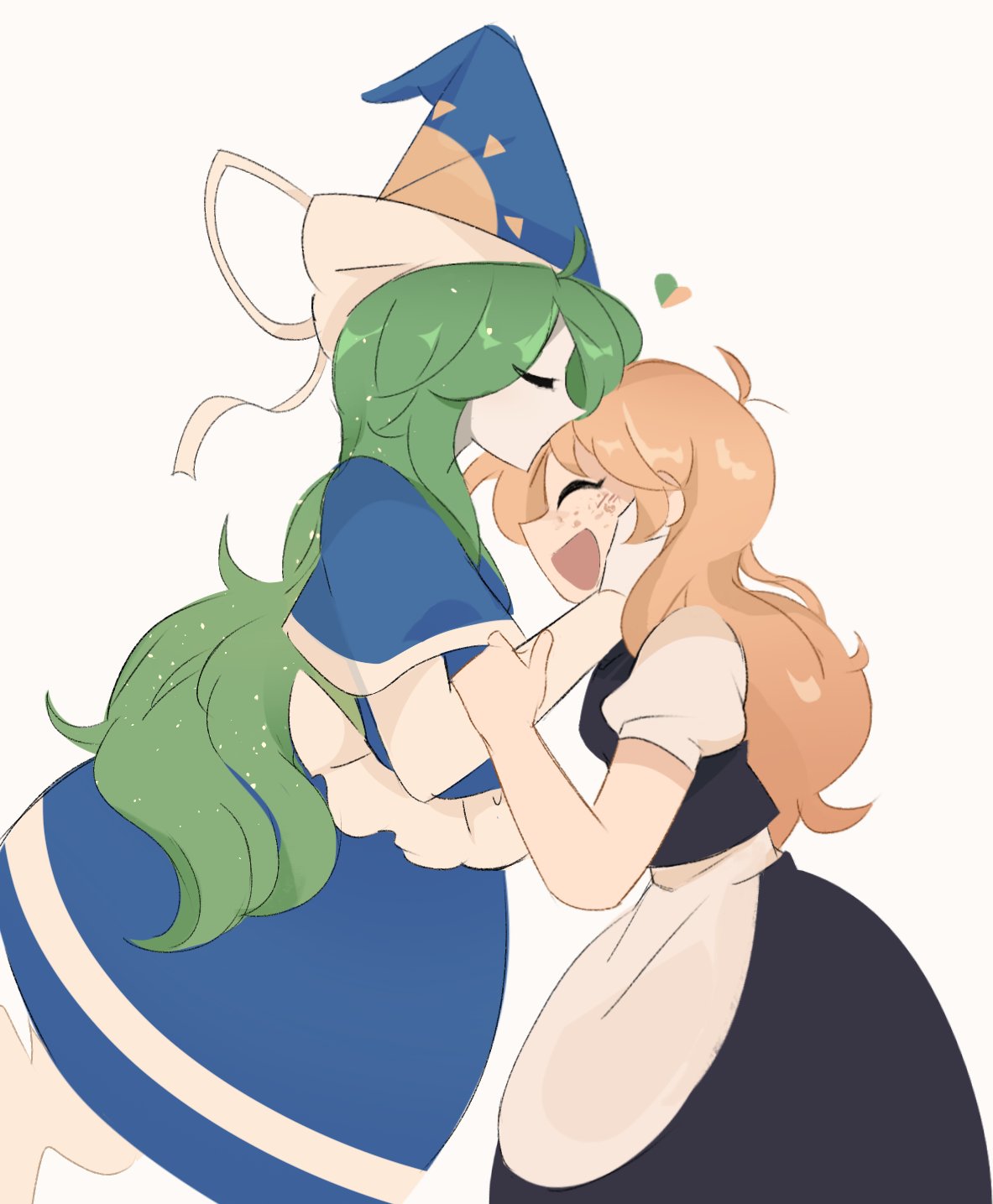 2girls, apron, blonde_hair, blush, bow, commentary, dress, freckles