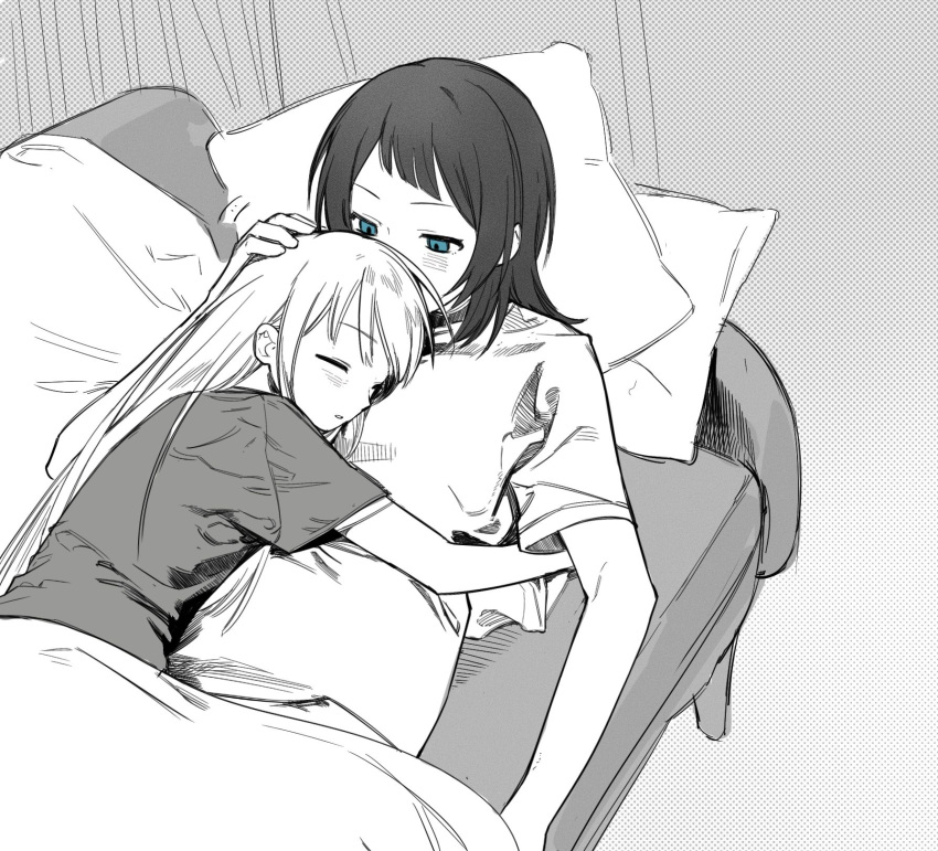 2girls, bang_dream!, bang_dream!_it's_mygo!!!!!, blue_eyes, closed_eyes, commentary_request, couch, cracy_logan, cuddling, cushion, greyscale, hand_on_another's_head, highres, long_hair, lying_on_person, monochrome, multiple_girls, on_couch, parted_lips, shirt, short_sleeves, sleeping, sleeping_on_person, spot_color, wakaba_mutsumi, yahata_umiri, yuri