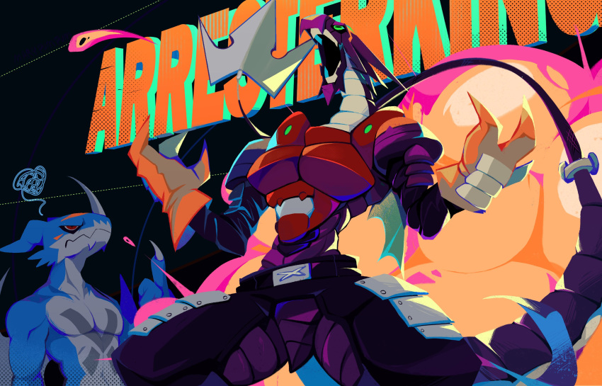 annoyed, armor, arresterdramon, blue_skin, character_name, colored_skin, digimon, digimon_(creature)