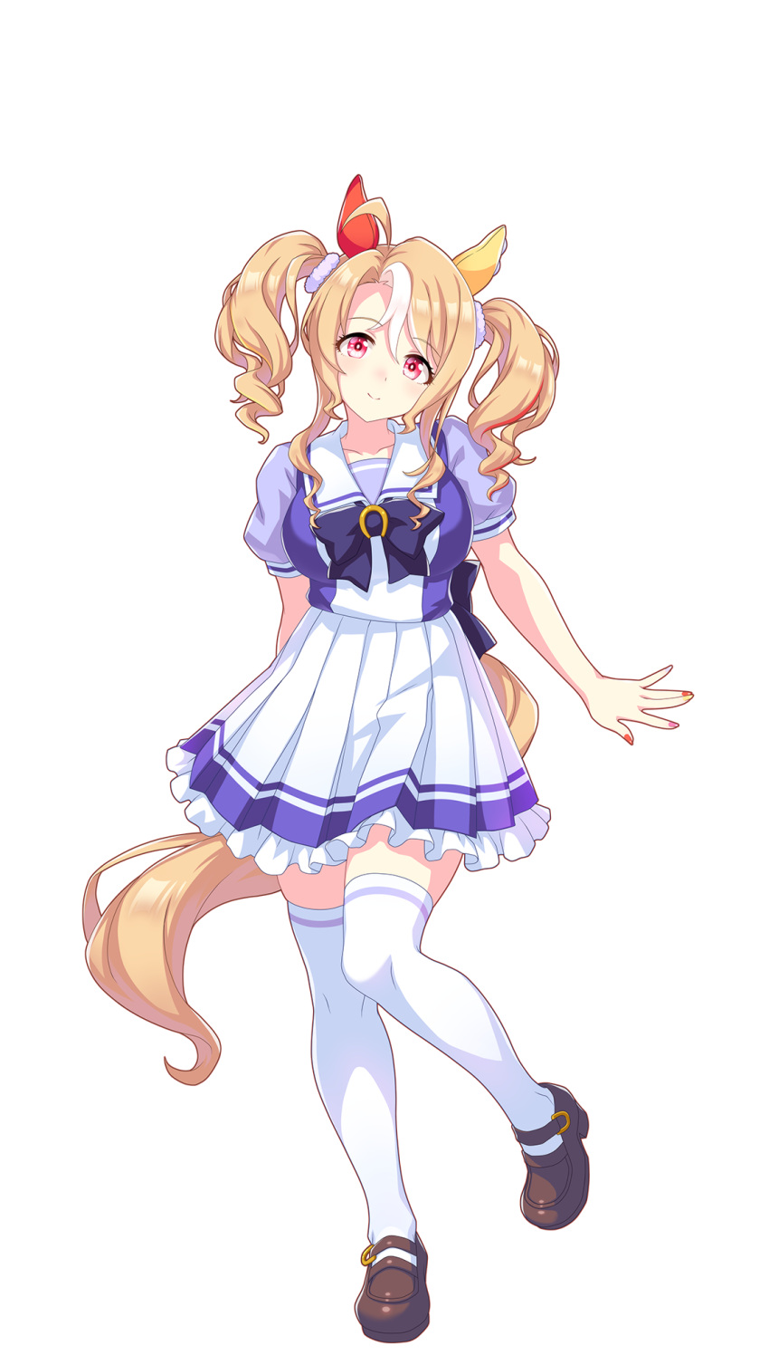 1girl, ahoge, animal_ears, blonde_hair, breasts, closed_mouth, collarbone, full_body, fusaichi_pandora_(umamusme), hair_ornament, highres, horse_girl, large_breasts, looking_at_viewer, official_art, red_eyes, ribbon, school_uniform, shoes, solo, thigh-highs, tracen_school_uniform, transparent_background, twintails, umamusume