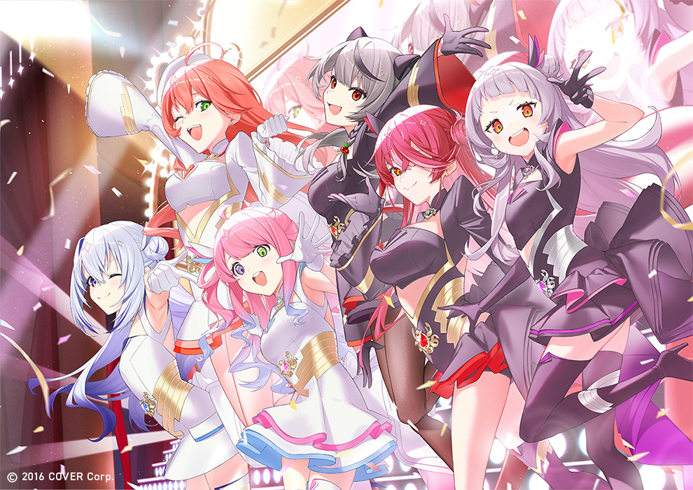 6+girls, ahoge, amane_kanata, copyright_name, green_eyes, heterochromia, himemori_luna, hololive