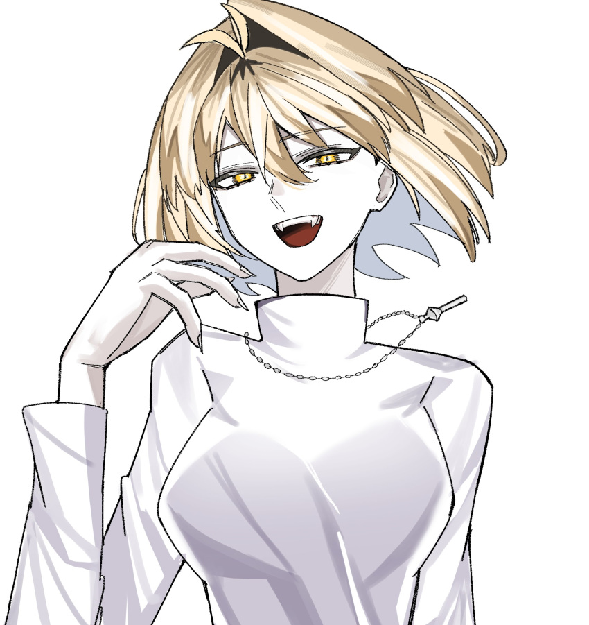 1girl, arcueid_brunestud, blonde_hair, breasts, fangs, fingernails, highres, jewelry