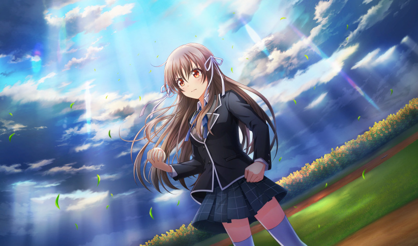 1girl, ball, baseball_(object), baseball_field, black_jacket, blue_ribbon, brown_hair, cinderella_series, clenched_hand, closed_mouth, clouds, cloudy_sky, collared_shirt, cowboy_shot, dutch_angle, falling_leaves, field, floating_hair, flower, flower_field, game_cg, grey_skirt, hachigatsu_no_cinderella_nine, hair_ribbon, highres, holding, holding_ball, jacket, leaf, light_rays, long_hair, long_sleeves, looking_ahead, neck_ribbon, non-web_source, official_art, orange_eyes, outdoors, plaid_clothes, plaid_skirt, pleated_skirt, ribbon, school_uniform, shiina_yukari_(hachigatsu_no_cinderella_nine), shirt, skirt, sky, solo, standing, sunbeam, sunflower, sunflower_field, sunlight, thigh-highs, v-shaped_eyebrows, white_ribbon, white_shirt, white_thighhighs