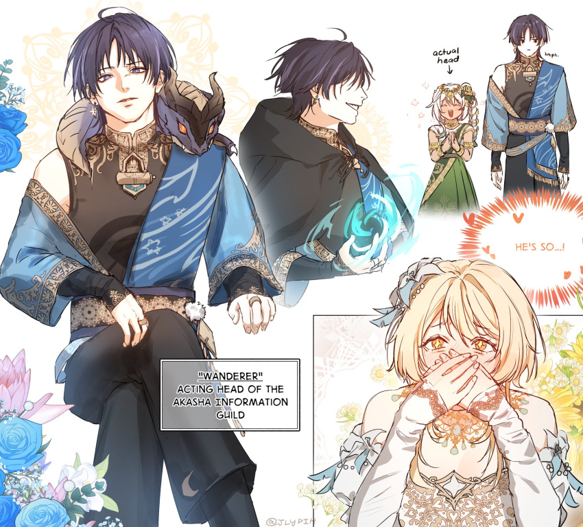 1boy, 2girls, adapted_costume, ahoge, alternate_costume, alternate_universe, animal_on_shoulder, animal_print, aqua_flower, aqua_sleeves, arabian_clothes, armlet, arms_at_sides, belt, bird_print, bishounen, black_bodysuit, black_hood, black_pants, black_sleeves, blonde_hair, blue_flower, blue_rose, bodysuit, bracelet, braid, circlet, closed_eyes, covering_own_mouth, crossed_legs, detached_sleeves, dress, english_text, feathers, flower, from_side, full_body, genshin_impact, gold_circlet, gold_ring, gradient_hair, green_dress, green_hair, green_skirt, hair_between_eyes, hair_flower, hair_intakes, hair_ornament, hands_on_own_face, head_tilt, highres, hood, hood_down, jewelry, jlypih, layered_sleeves, long_sleeves, looking_at_another, looking_at_viewer, lumine_(genshin_impact), middle_ring, mini_dragon, mini_durin_(genshin_impact), multicolored_flower, multicolored_hair, multiple_girls, nahida_(genshin_impact), open_hand, open_mouth, own_hands_together, palms_together, pants, parted_lips, pom_pom_(clothes), puffy_sleeves, purple_flower, purple_hair, rose, scaramouche_(genshin_impact), short_hair, short_hair_with_long_locks, side_braid, sidelocks, sideways_glance, single_off_shoulder, sitting, skirt, smirk, standing, star-shaped_pupils, star_(symbol), streaked_hair, symbol-shaped_pupils, teeth, upper_teeth_only, violet_eyes, vortex, wanderer_(genshin_impact), white_background, white_eyelashes, white_flower, white_hair, white_sleeves, white_trim, wristlet, yellow_eyes, yellow_feathers