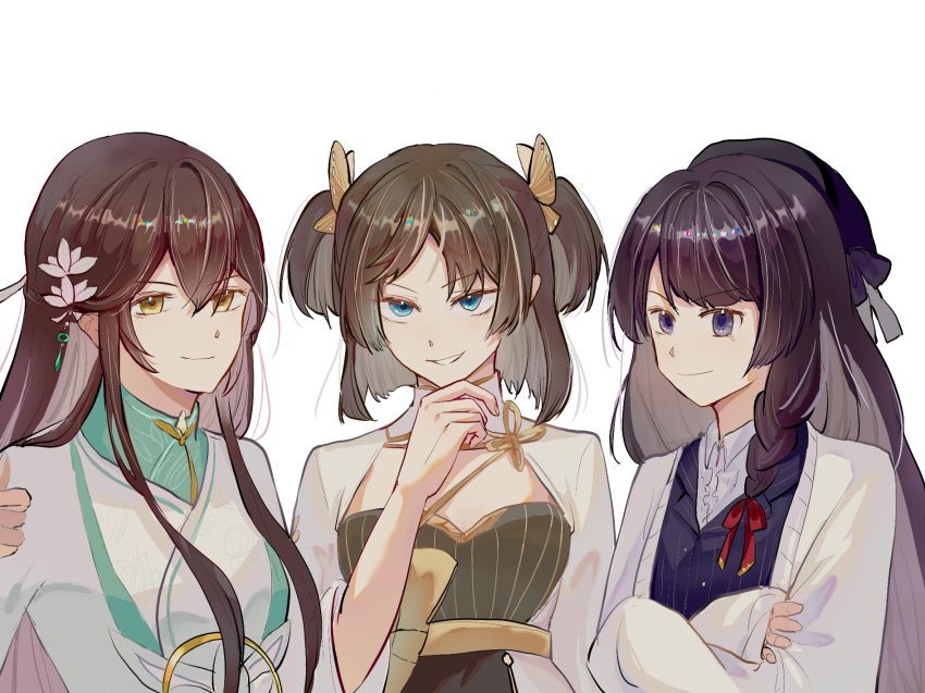 >:), 3girls, aqua_shirt, baiguigelierwan, beret, black_dress, black_hair, black_hat, blue_eyes, blue_vest, blunt_bangs, bob_cut, braid, brown_hair, butterfly_hair_ornament, cardigan, character_request, chinese_clothes, closed_mouth, collared_shirt, crossed_arms, crossover, dress, female_master_(the_tale_of_food), flower, hair_between_eyes, hair_flower, hair_ornament, hair_ribbon, hand_on_own_chin, hanfu, hat, heroine_(lovebrush_chronicles), highres, hua_yi_shanxin_zhiyue, jiaoling_ruqun, long_hair, long_sleeves, looking_at_viewer, lovebrush_chronicles, medium_hair, multiple_girls, open_cardigan, open_clothes, parted_bangs, parted_lips, pinstripe_pattern, pinstripe_vest, red_ribbon, ribbon, robe, shirt, shrug_(clothing), side_braid, sidelocks, simple_background, the_tale_of_food, thumbs_up, two_side_up, upper_body, v-shaped_eyebrows, vest, violet_eyes, white_background, white_cardigan, white_robe, white_shirt, white_sleeves, yellow_eyes