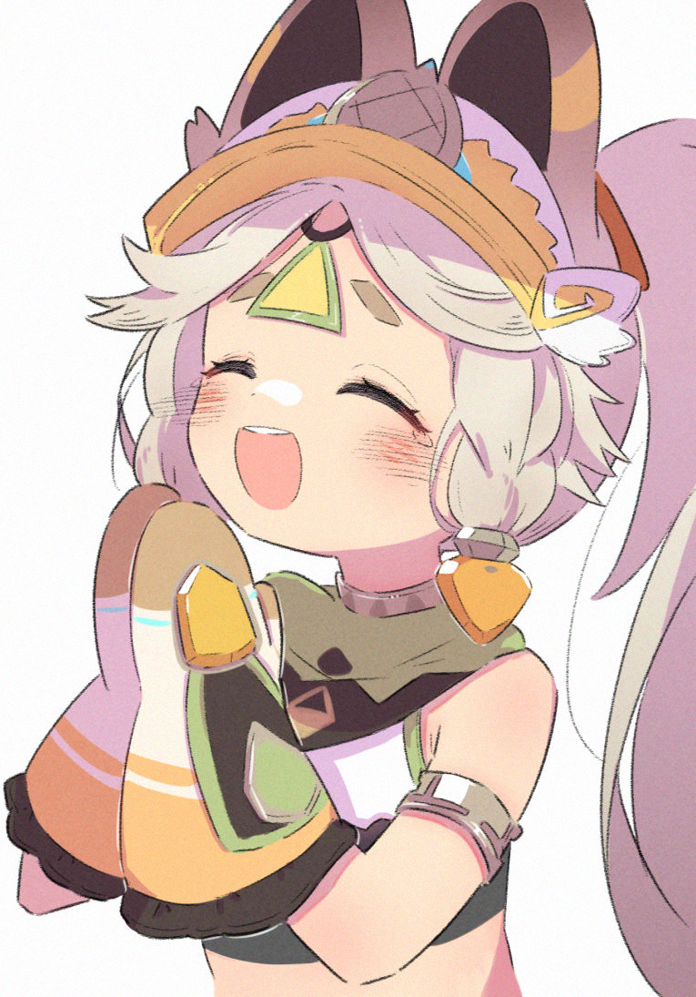 1girl, :d, animal_ears, armlet, blush, chinchilla_ears, closed_eyes, crop_top